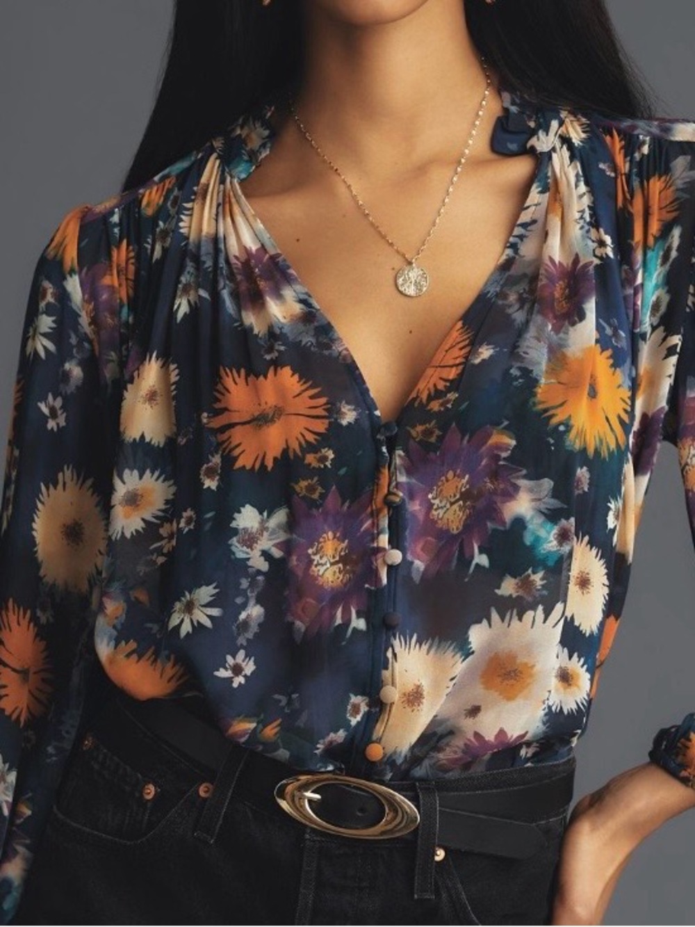 Anthropologie Navy Floral V-Neck Button Blouse with Orange & Cream Blooms